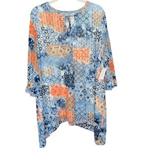 NWT Catherines Plus Blue Multi Tile Print Sunrise Lace Blouse Tunic 1X, 18/20W